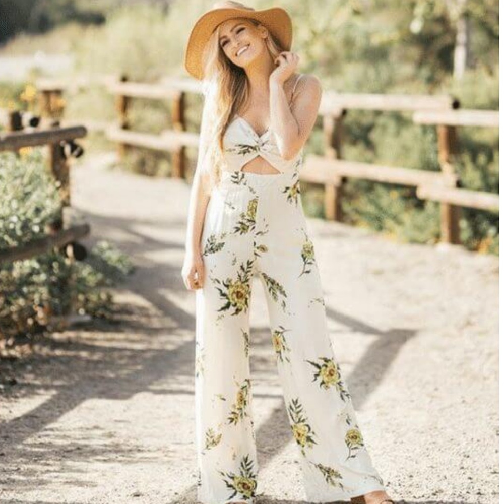 Delia Taupe Floral Jumpsuit - Size Large